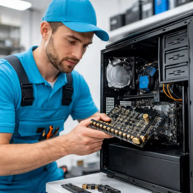 Мастер устанавливает звуковую карту на ПК в Юбилейном